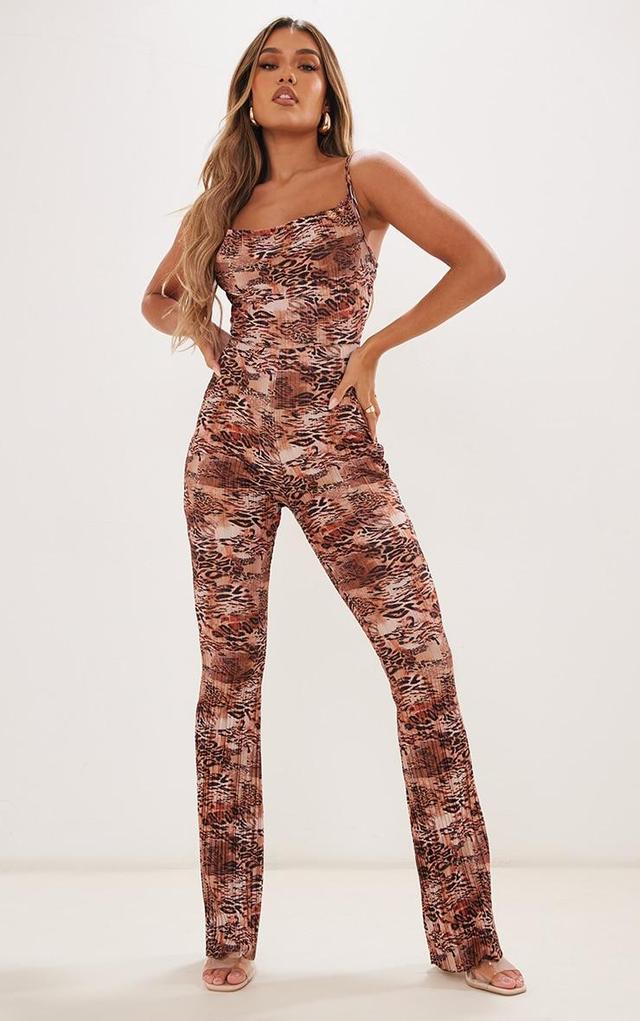 Multi Leopard Print Plisse Cowl Strappy Jumpsuit Product Image