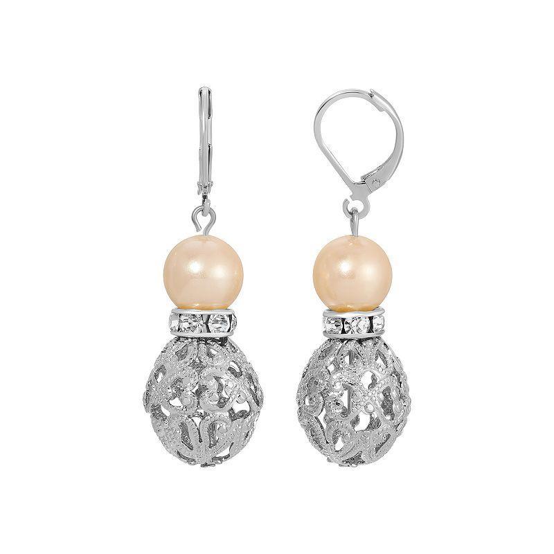 1928 Silver Tone Filigree Faux Pearl Drop Earrings, Womens, Pink Product Image