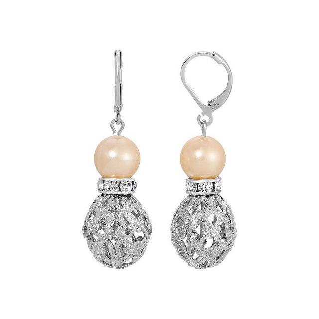 1928 Silver Tone Filigree Faux Pearl Drop Earrings, Womens, Beige Product Image