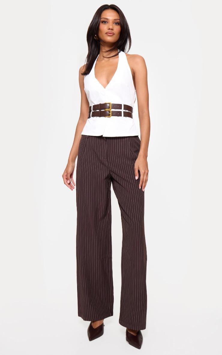 Chocolate Pinstripe Double Waistband Detail Tailored Trousers product image