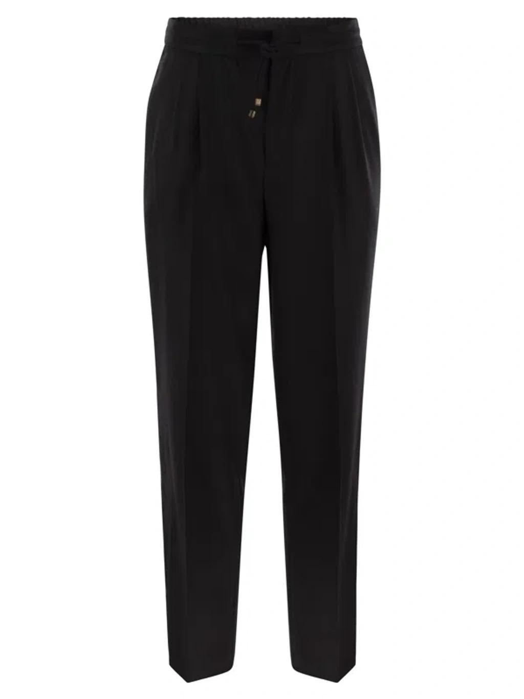 Leisure Fit Trousers In Virgin Wool Flannel With Drawstring And Double Darts In Black Product Image