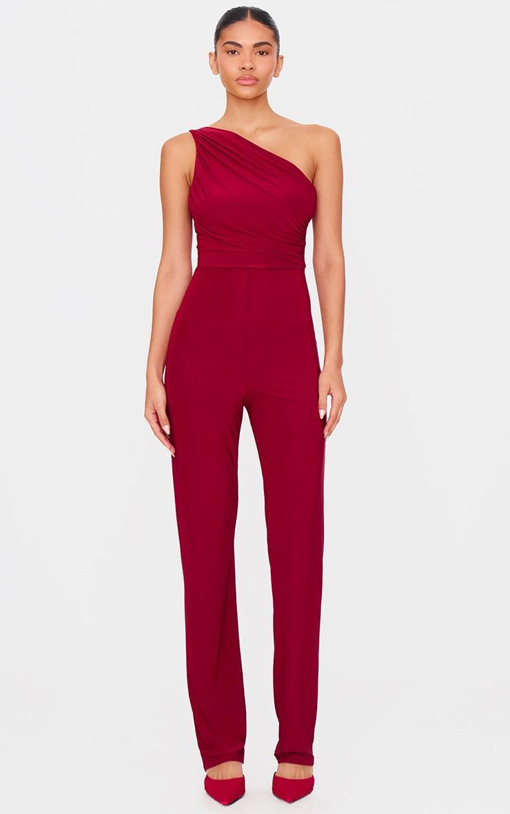 Burgundy Double Layer Slinky Asymmetric Ruched Detail Jumpsuit Product Image