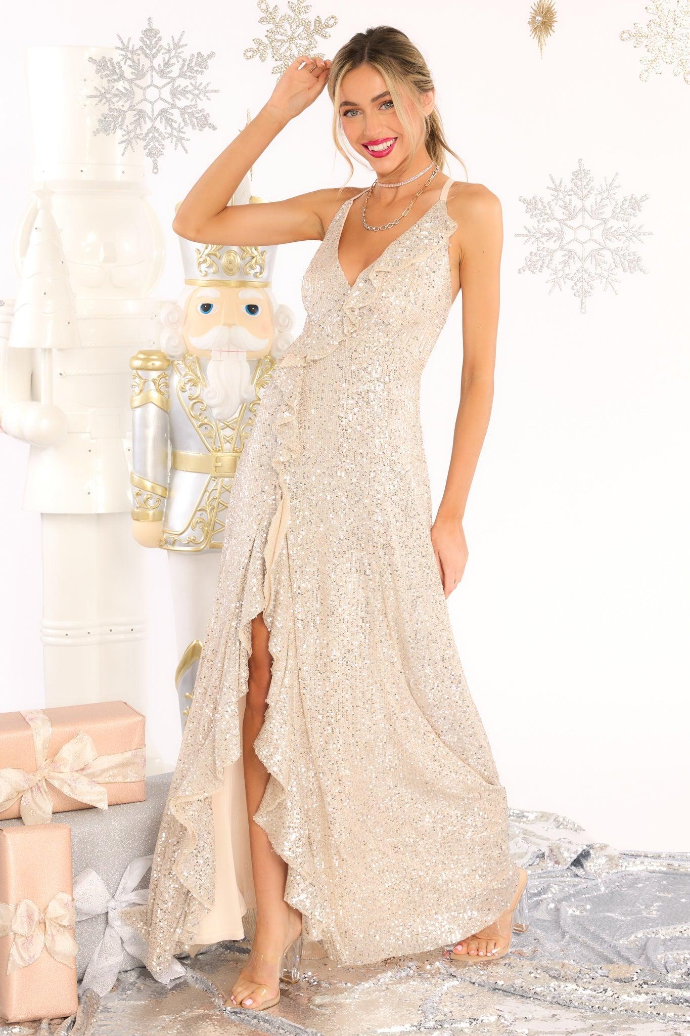 What's More Exciting Silver Sequin Maxi Dress Product Image