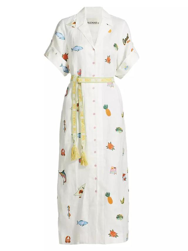 Blue Marlin Linen Embroidered Midi- Dress Product Image