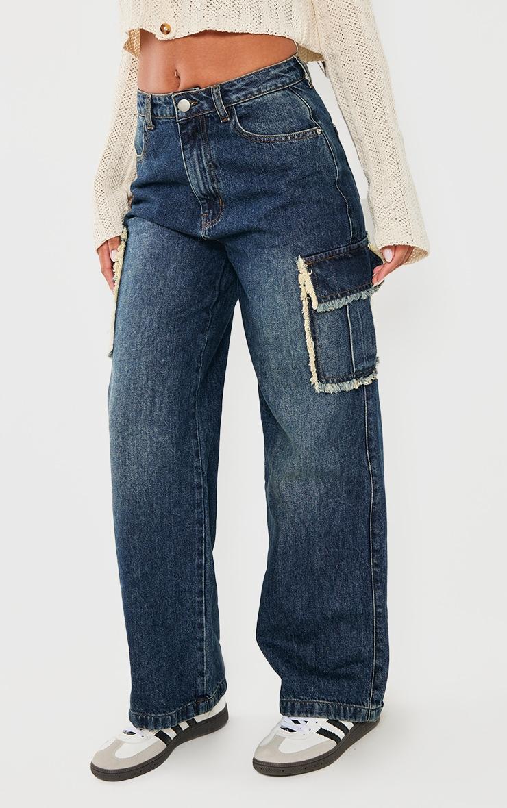 Dark Blue Wash Frayed Seam Cargo Pocket Boyfriend Jeans Product Image