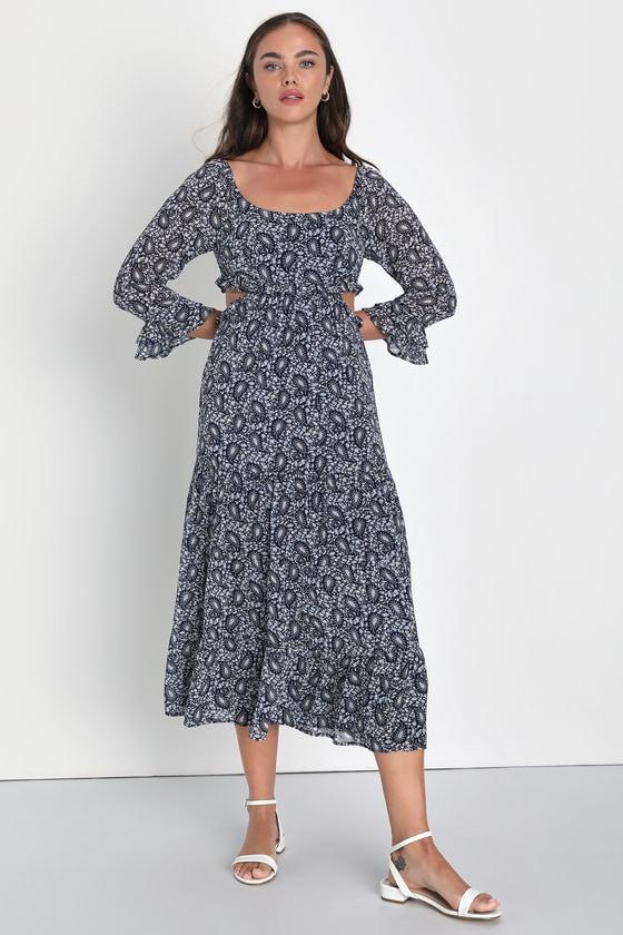 Blissful Sweetie Navy Blue Paisley Tiered Cutout Midi Dress Product Image