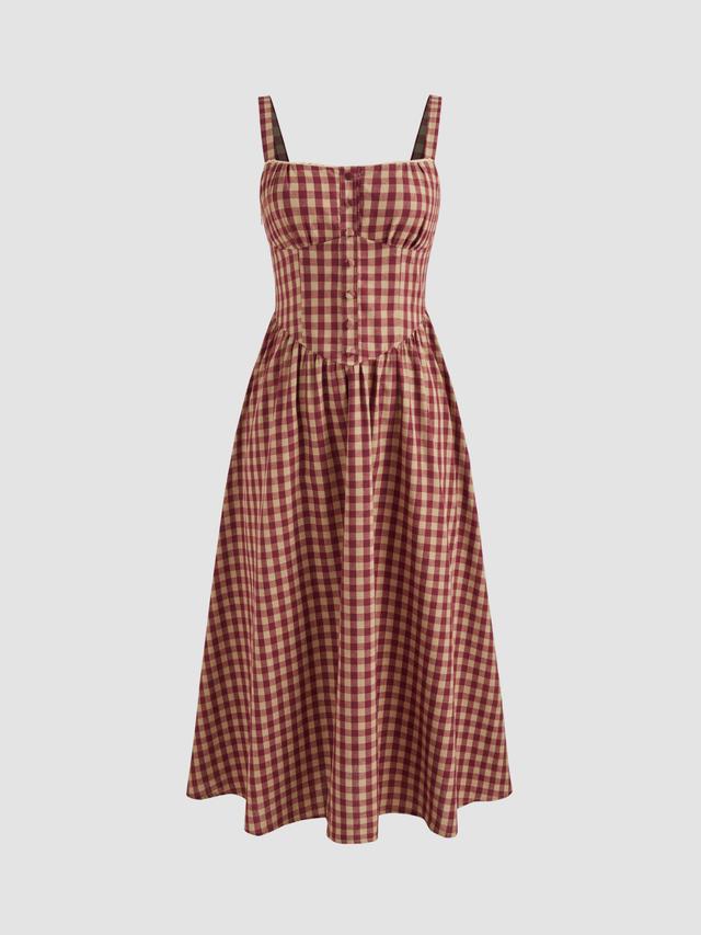 Cotton-blend Square Neck Gingham Maxi Dress Product Image