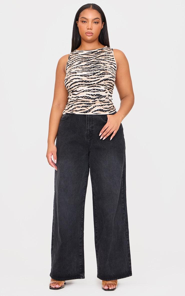 Plus Black Sheer Sequin Zebra Printed Cut Out Long Vest Top Product Image