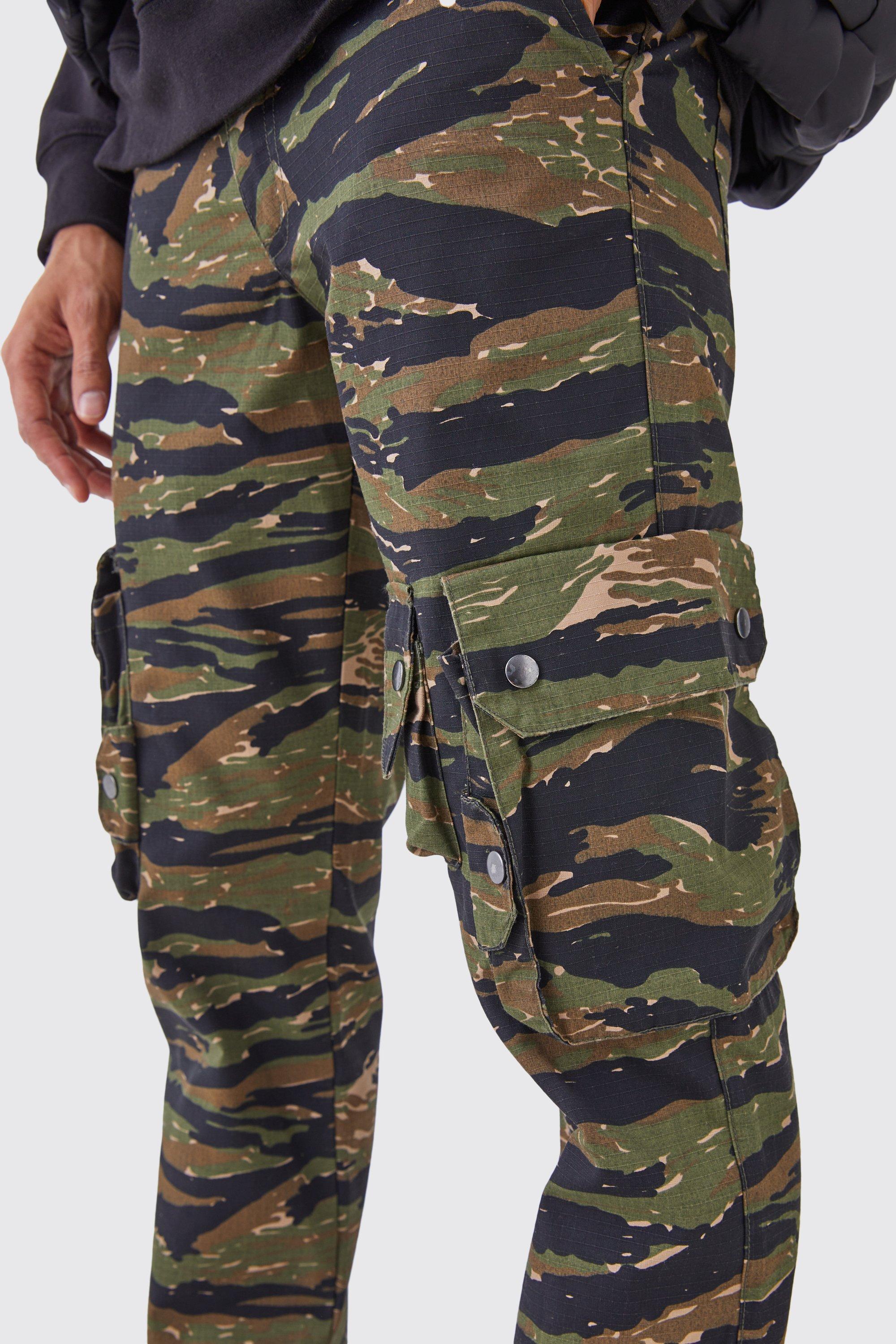 Straight 3d Cargo Camo Ripstop Trouser With Popper Hem | boohooMAN USA Product Image