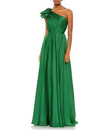 Mac Duggal Chiffon Pleated Asymmetrical Neck Shoulder Ruffle Cap Sleeve Thigh High Slit Gown Product Image