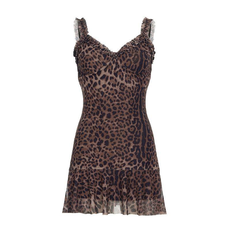 Spaghetti Strap Leopard Print Ruffled-Trim Slim-Fit Mini Bodycon Dress Product Image