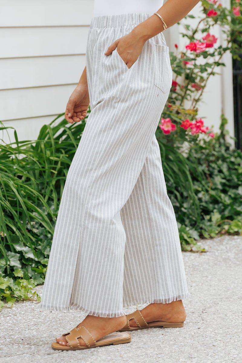 Grey Striped Elastic Waist Slit Linen Pants - FINAL SALE Product Image