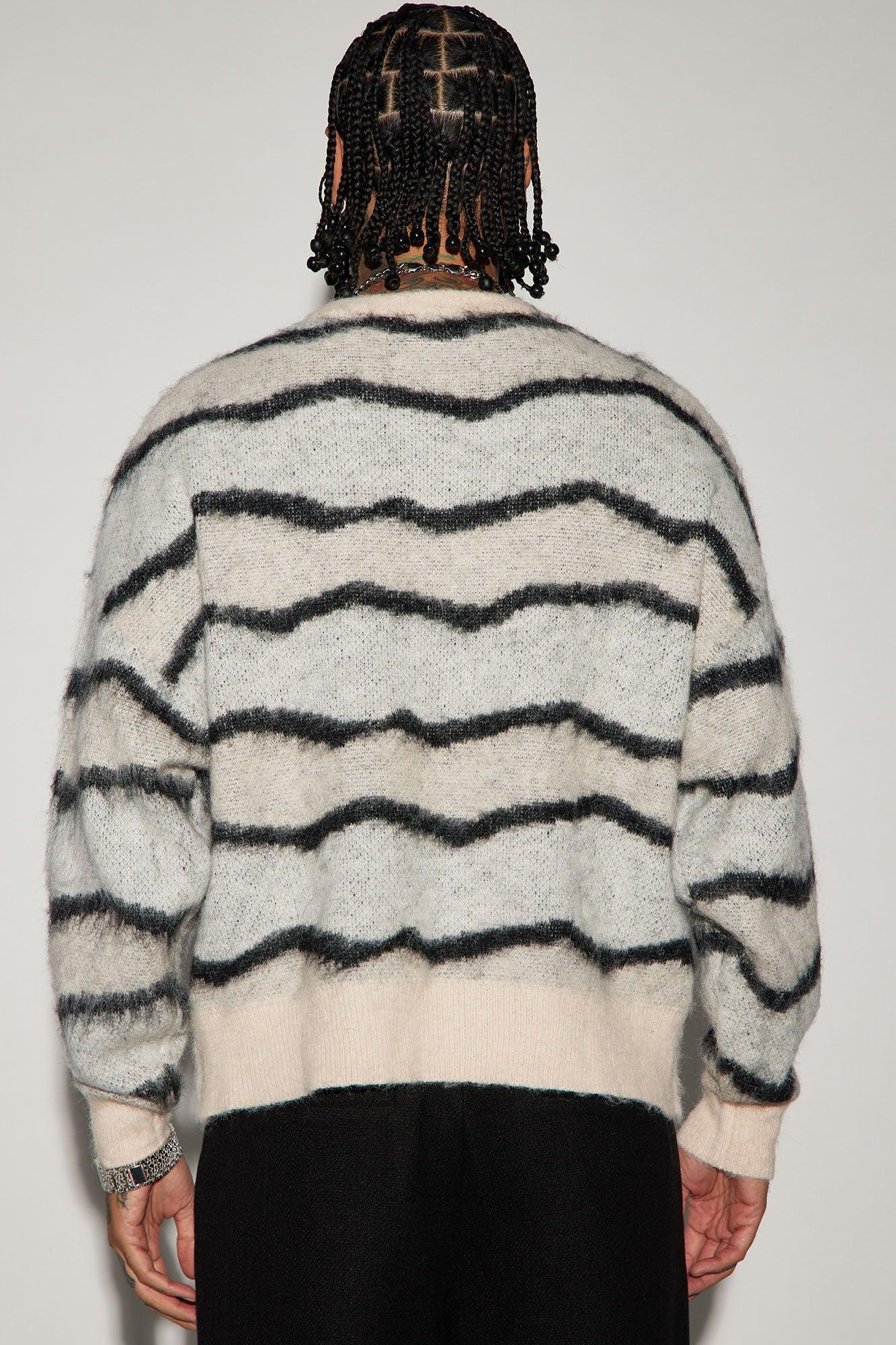 Uneven Lines Fuzzy Crewneck Sweater - Cream/combo Product Image