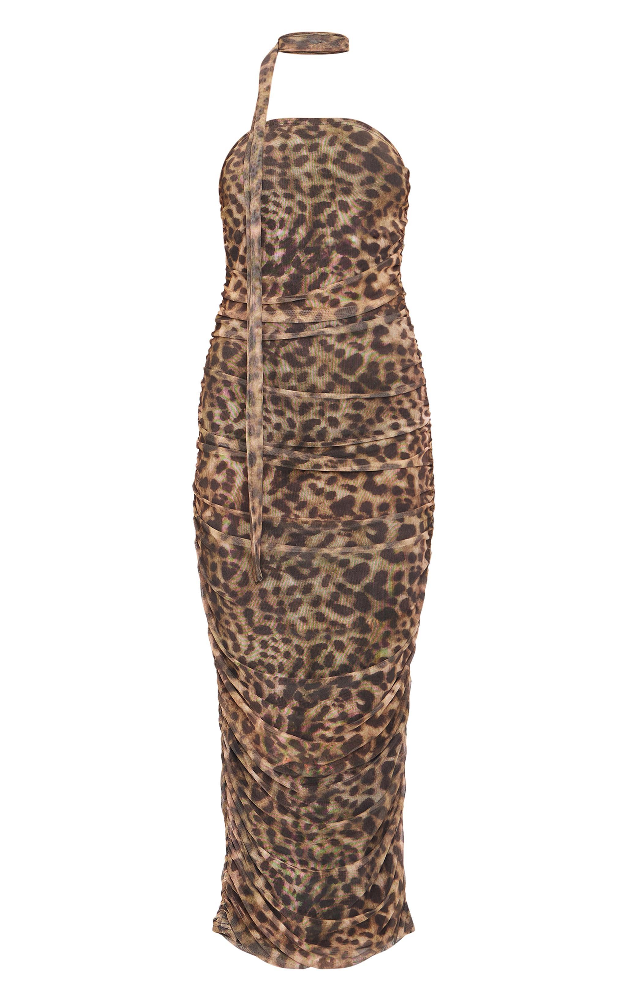 Brown Leopard Print Mesh Bandeau Scarf Maxi Dress Product Image