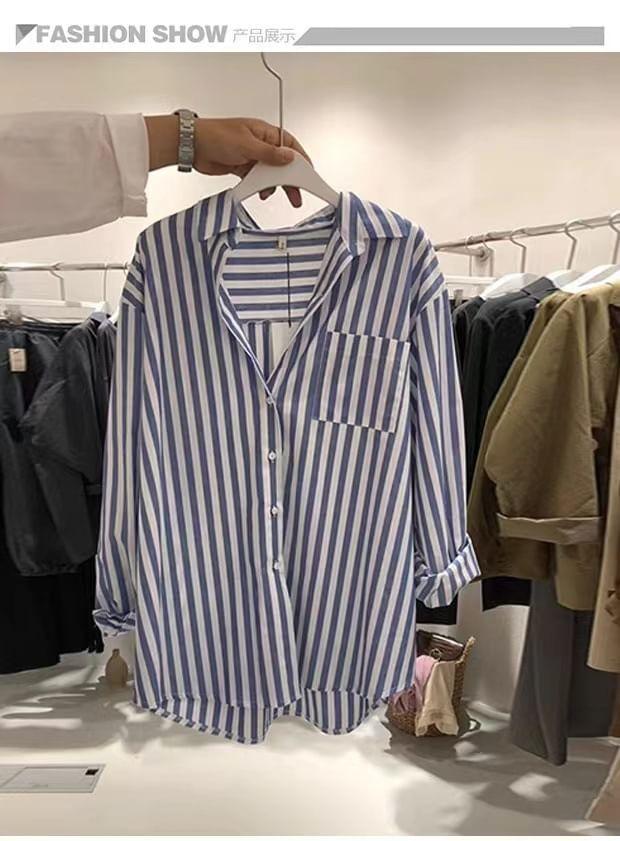 Long-Sleeve Striped Pocket Detail Shirt Product Image