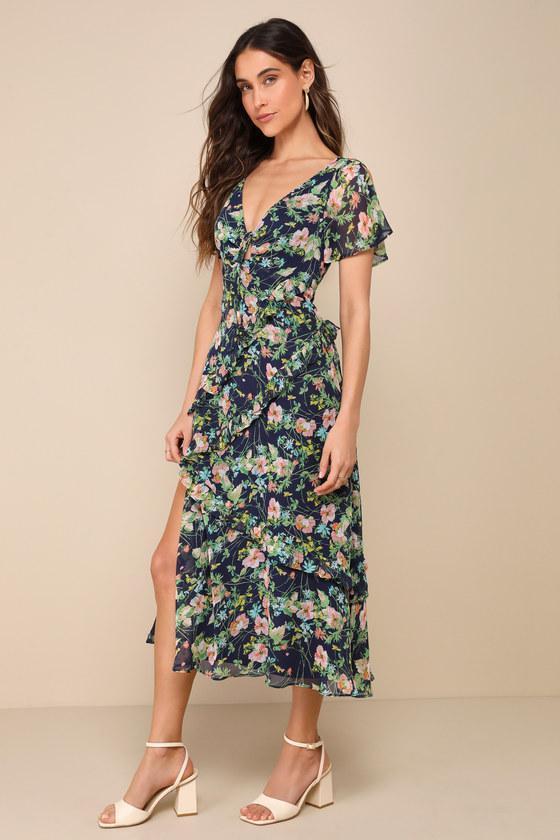 Next to You Navy Blue Floral Print Ruffled Backless Midi Dress Product Image