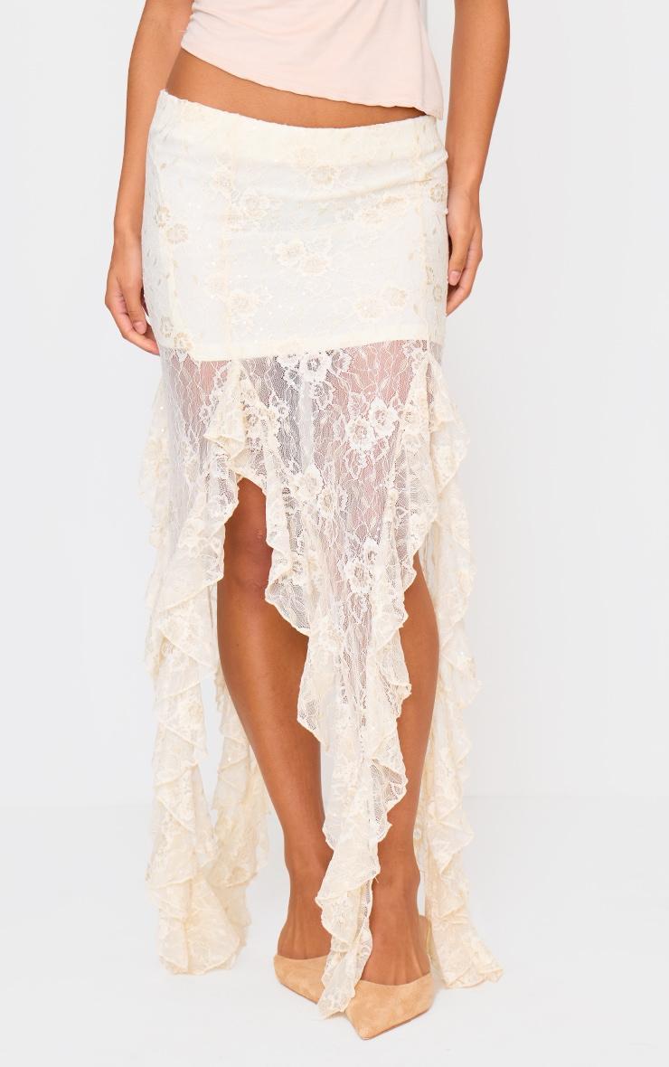 Cream Sequin Lace Drape Detail Maxi Skirt Product Image