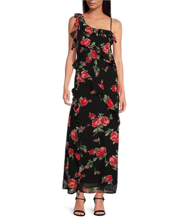 WAYF Floral Draped Ruffle V Neck Sleeveless Maxi Dress Product Image