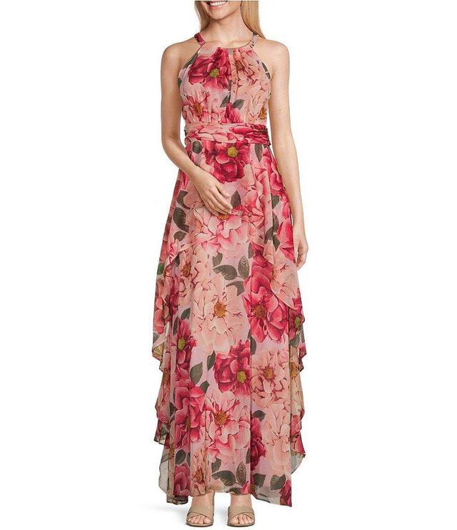 R & M Richards Sleeveless Halter Neck Floral Chiffon Maxi Dress Product Image