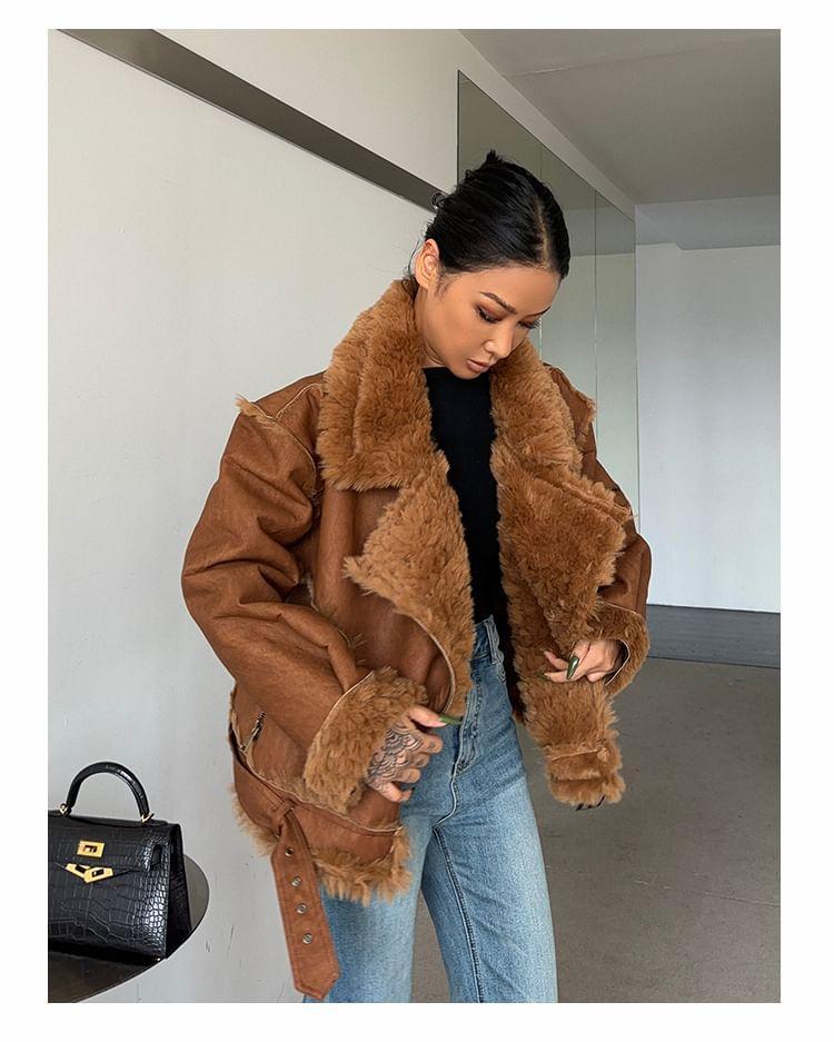 Collared Faux Shearling Zip Jacket Product Image