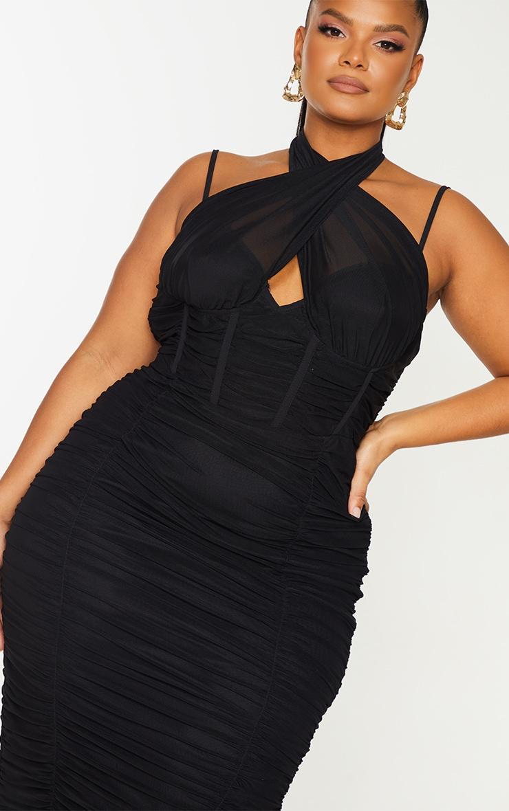 Plus Black Mesh Cross Front Corset Detail Midi Dress Product Image