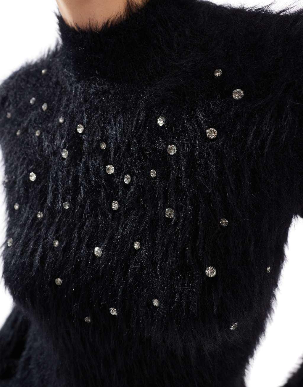 Miss Selfridge embellished lash funnel neck long sleeve sweater in black Product Image