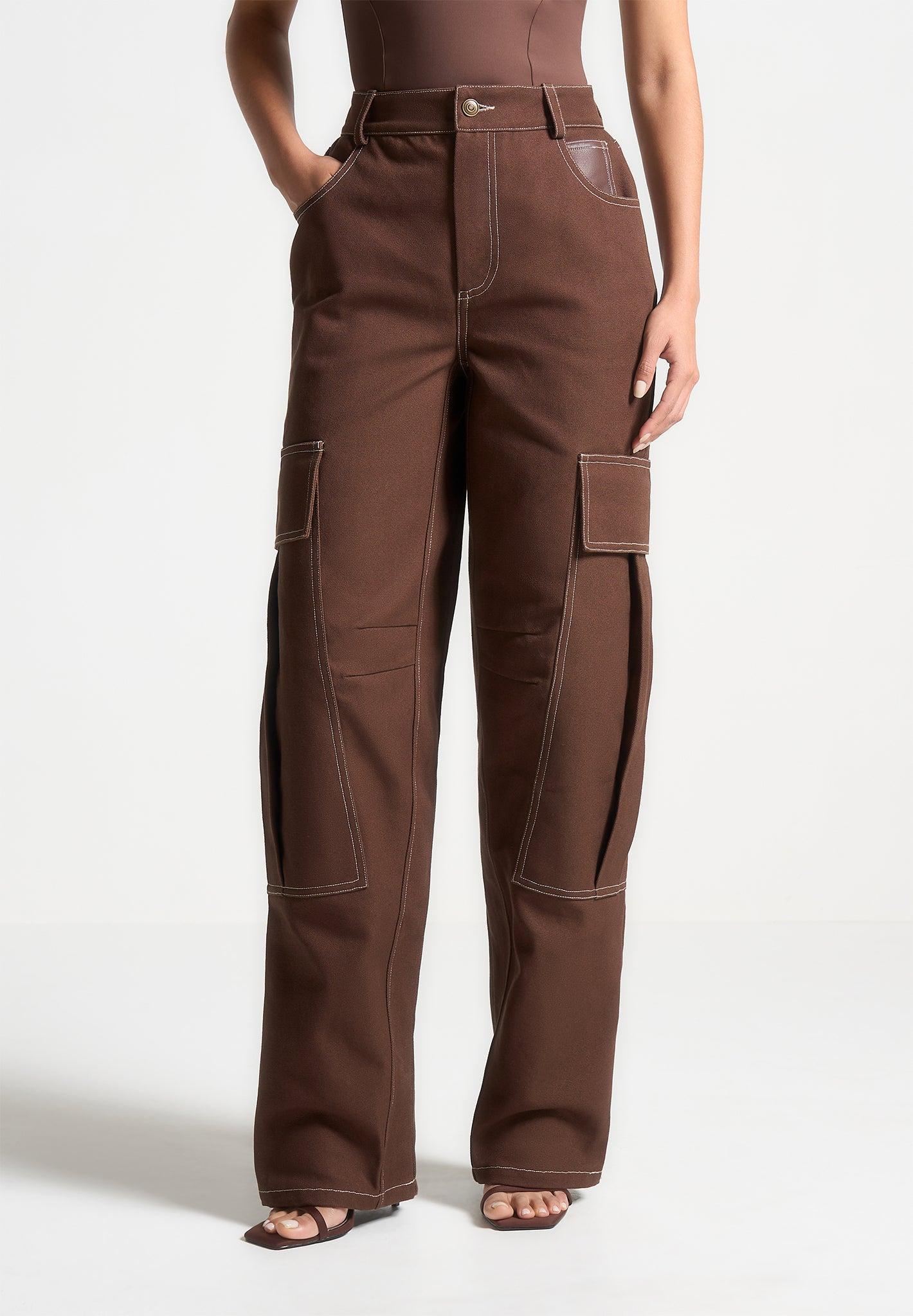 High Rise Drill Cargo Pants - Brown Female Product Image