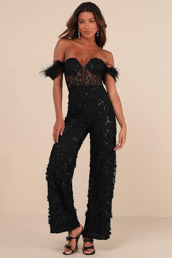 Midnight Sparkle Black Mesh Embroidered Feather Bustier Jumpsuit Product Image