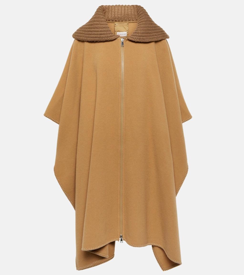 MONCLER Wool Long Cape With Knit Collar In Brown Product Image