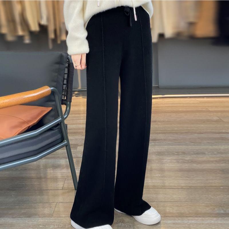 High Rise Plain Knit Wide Leg Pants Product Image