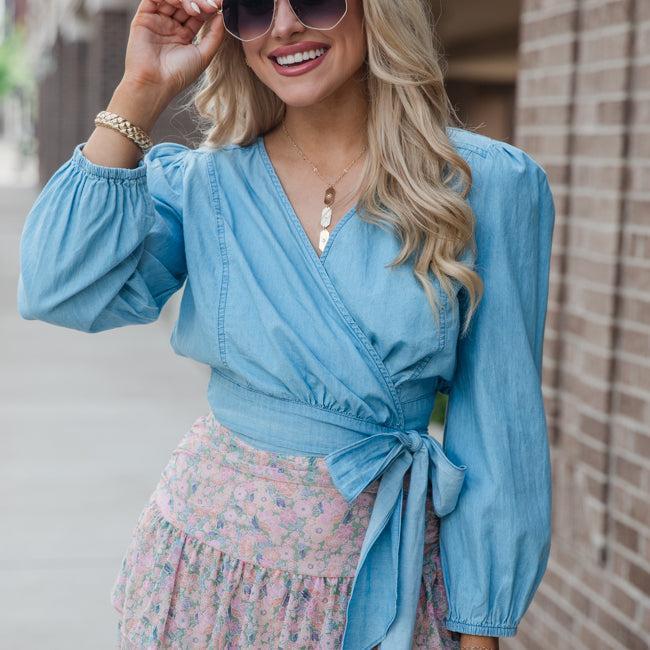 Per Diem Light Wash Chambray Wrap Blouse Product Image