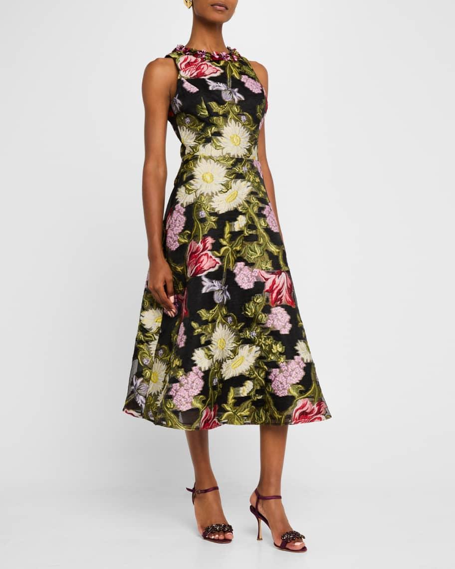 Beaded Floral Jacquard Midi Dress Product Image