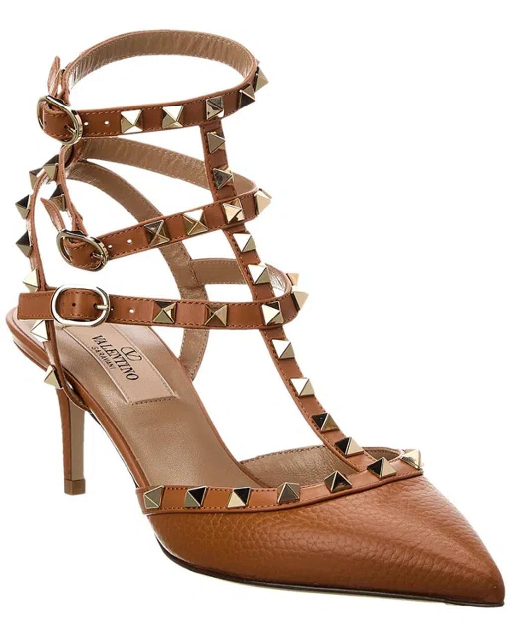 Valentino Rockstud Caged 65 Grainy Leather Ankle Strap Pump In Beige Product Image