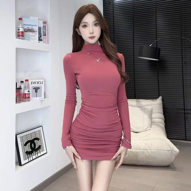 Long Sleeve Mock Neck Plain Ruched Mini Sheath Dress Product Image