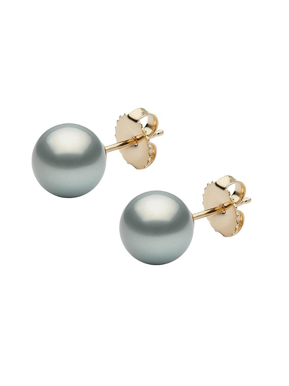 Womens 14K Yellow Gold & 9-10MM Grey Tahitian Pearl Stud Earrings Product Image