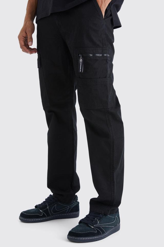 Straight Leg Cargo Pants With Branded Zip Puller | boohooMAN USA Product Image