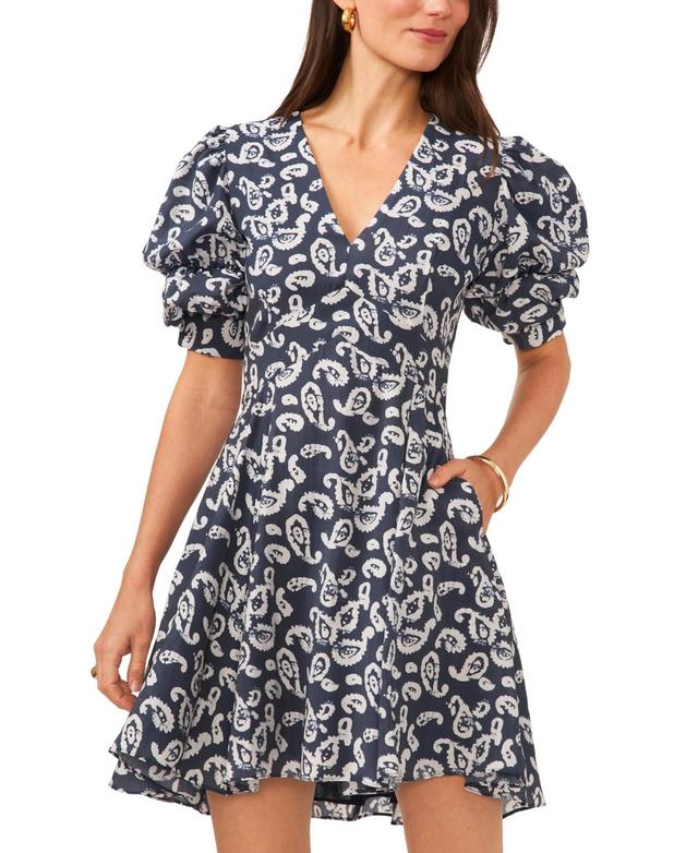  Women's Paisley V-Neck Tiered Bubble Puff Sleeve Mini Dress Product Image