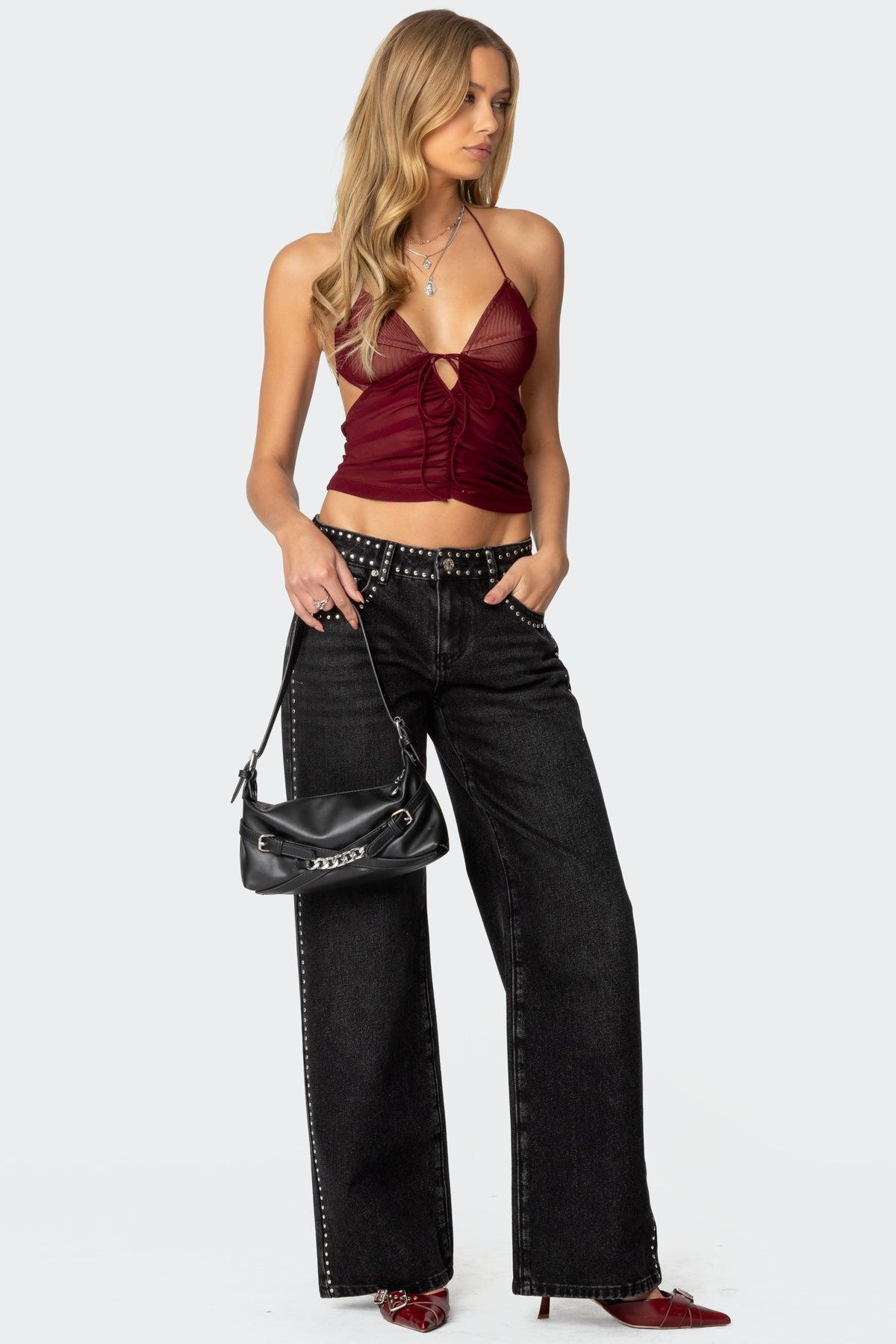 Strappy Ruched Mesh Top Product Image