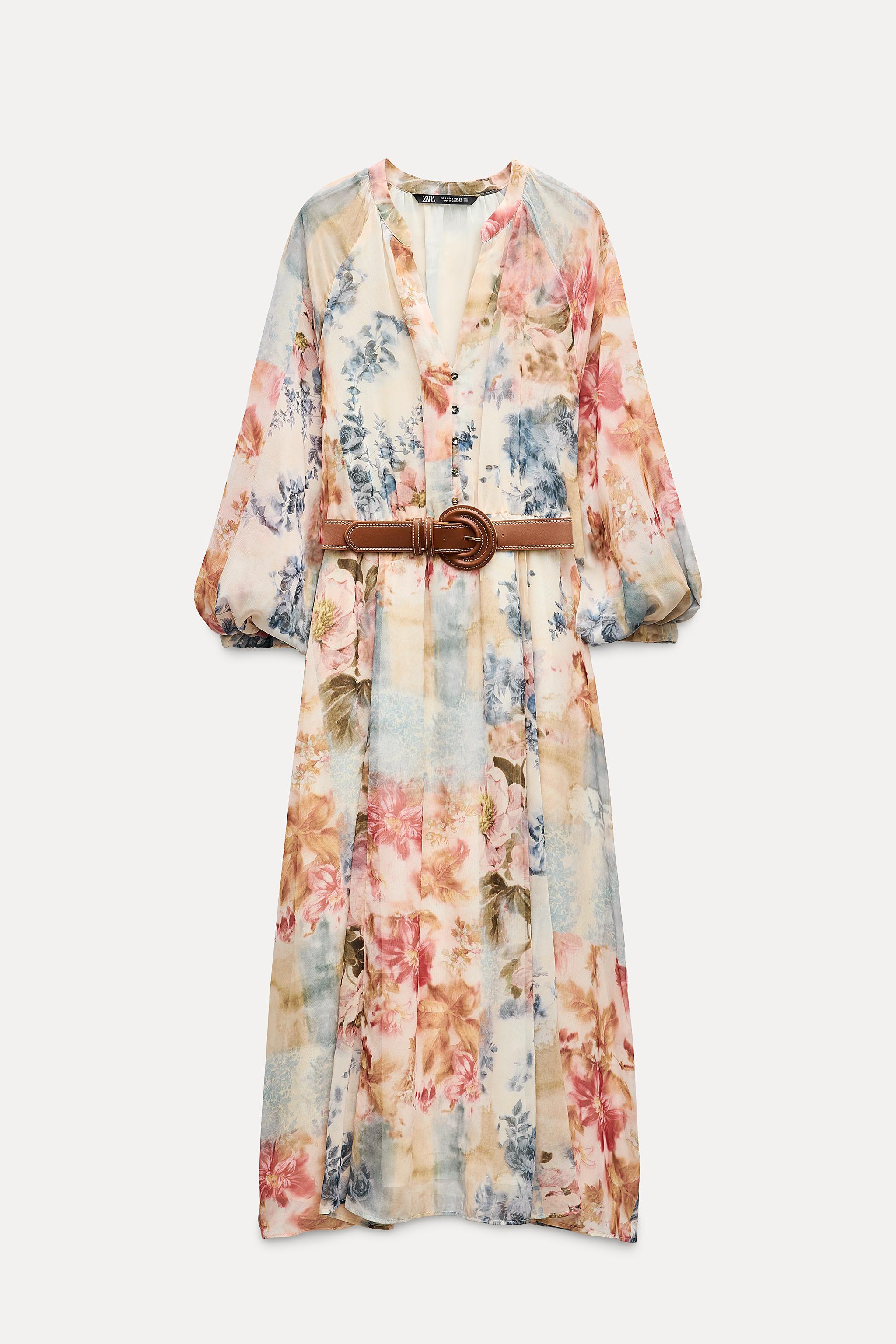 BELTED FLORAL PRINT MIDI DRESS Product Image