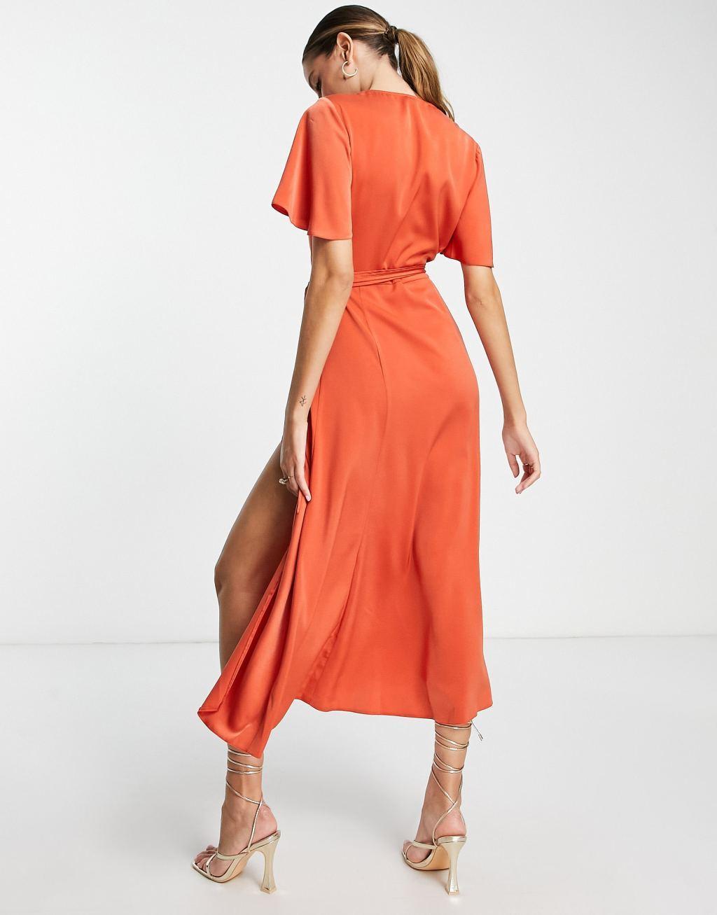 ASOS DESIGN Tall satin wrap midi dress with flutter sleeve and tie detail in rust Product Image