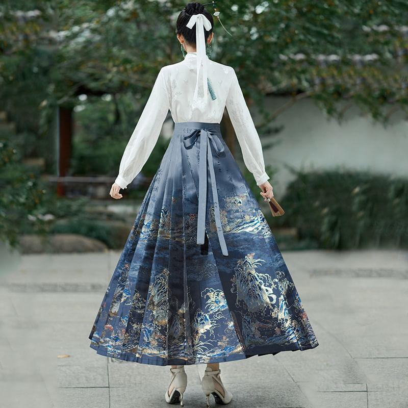 Long-Sleeve Mandarin Collar Jacquard Blouse / High Rise Embroidered Midi Ma Mian Skirt Product Image