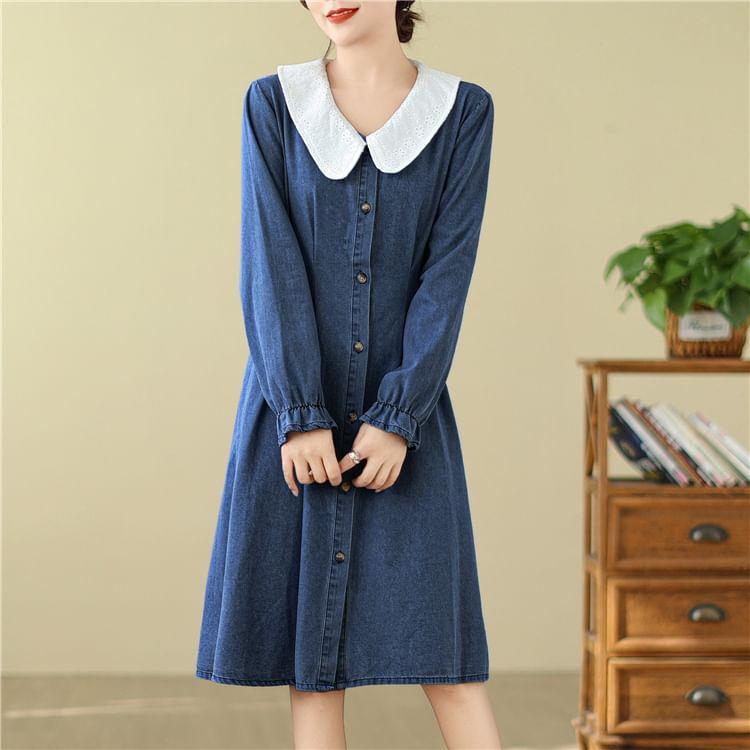 Long-Sleeve Collared Denim A-Line Shirt Dress Product Image