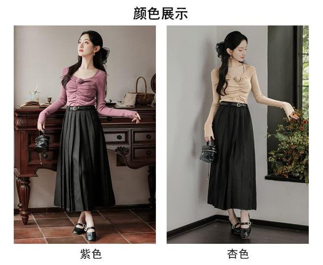 Long-Sleeve Scoop Neck Plain Knit Top / High Waist Midi A-Line Skirt / Set Product Image