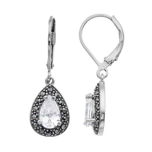 Lavish by TJM Sterling Silver Cubic Zirconia & Marcasite Teardrop Leverback Earrings, Womens Product Image