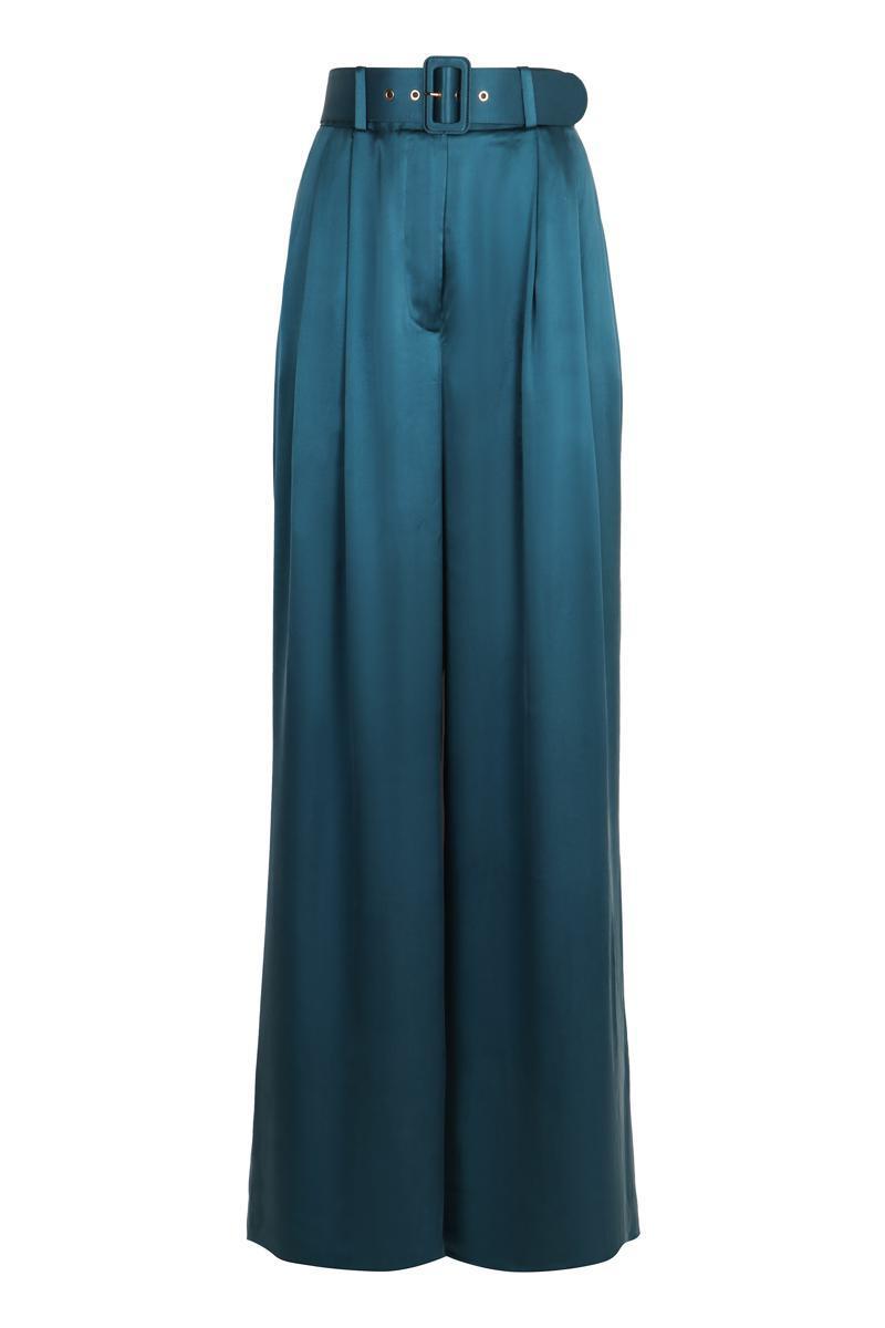 Pleated Silk Wide-leg Pants In Blue Product Image