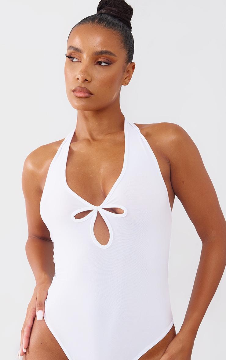 White Slinky Halterneck Cut Out Bodysuit Product Image