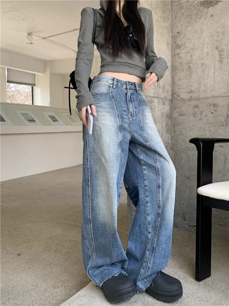 Mid Rise Frayed Washed Wide Leg Jeans product image