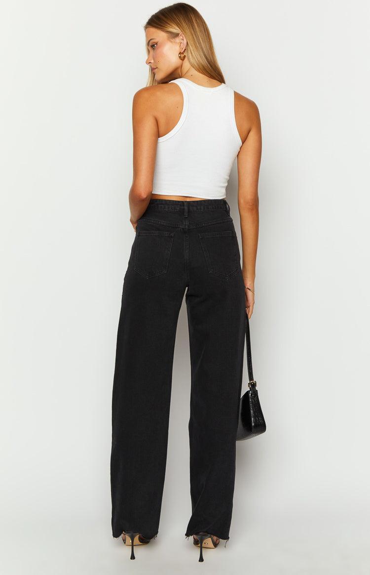 Gem Diamante Trim Wide Leg Black Denim Jeans Product Image