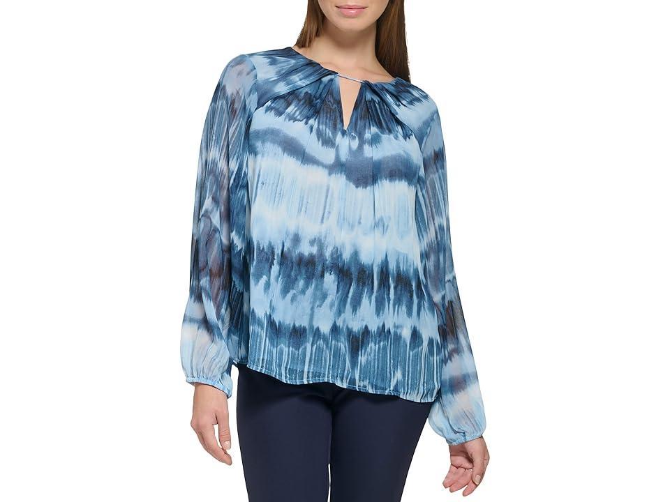 Calvin Klein Printed Shirred Front Long Sleeve (Dusk/Black) Women's Clothing Product Image