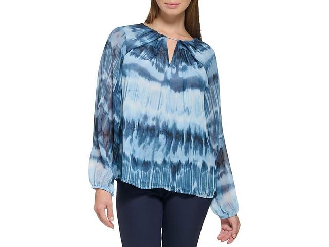 Calvin Klein Printed Shirred Front Long Sleeve (Dusk/Black) Women's Clothing Product Image